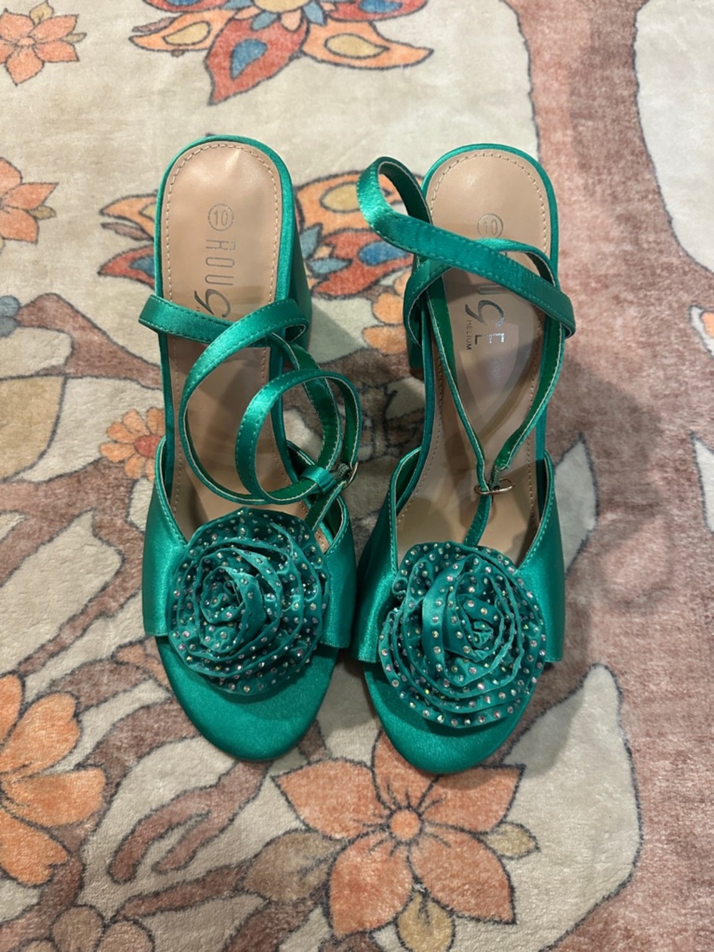 Rouge! Emerald Green Satin Floral Rosette Ankle-Strap Heels